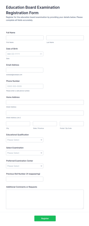 Education Board Examination Registration Form Template