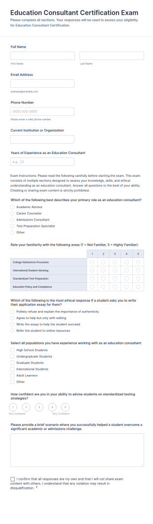 Education Consultant Certification Exam Form Template