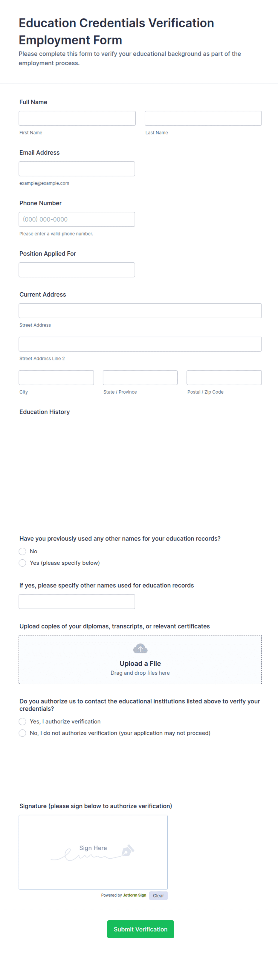Education Credentials Verification Employment Form Template | Jotform