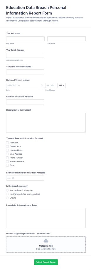 Education Data Breach Personal Information Report Form Template