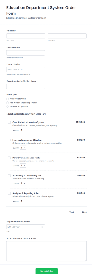 Education Department System Order Form Template
