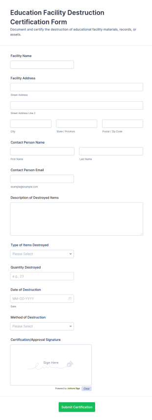 Education Facility Destruction Certification Form Template