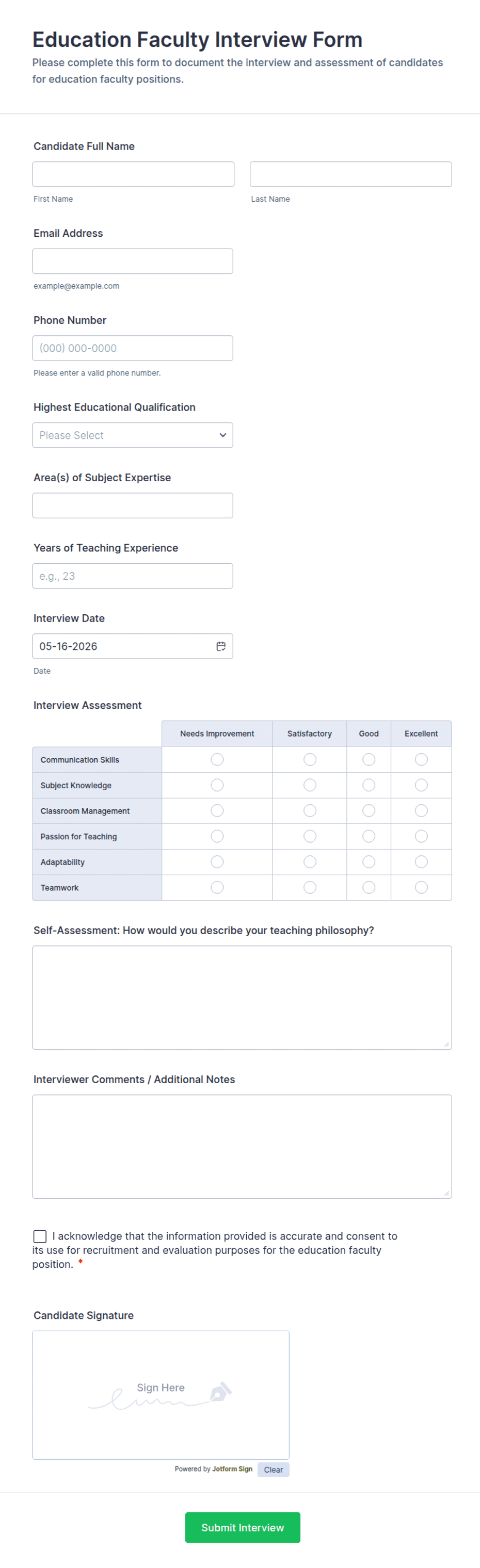 Gym Interview Form Education Faculty Interview Form Template | Jotform