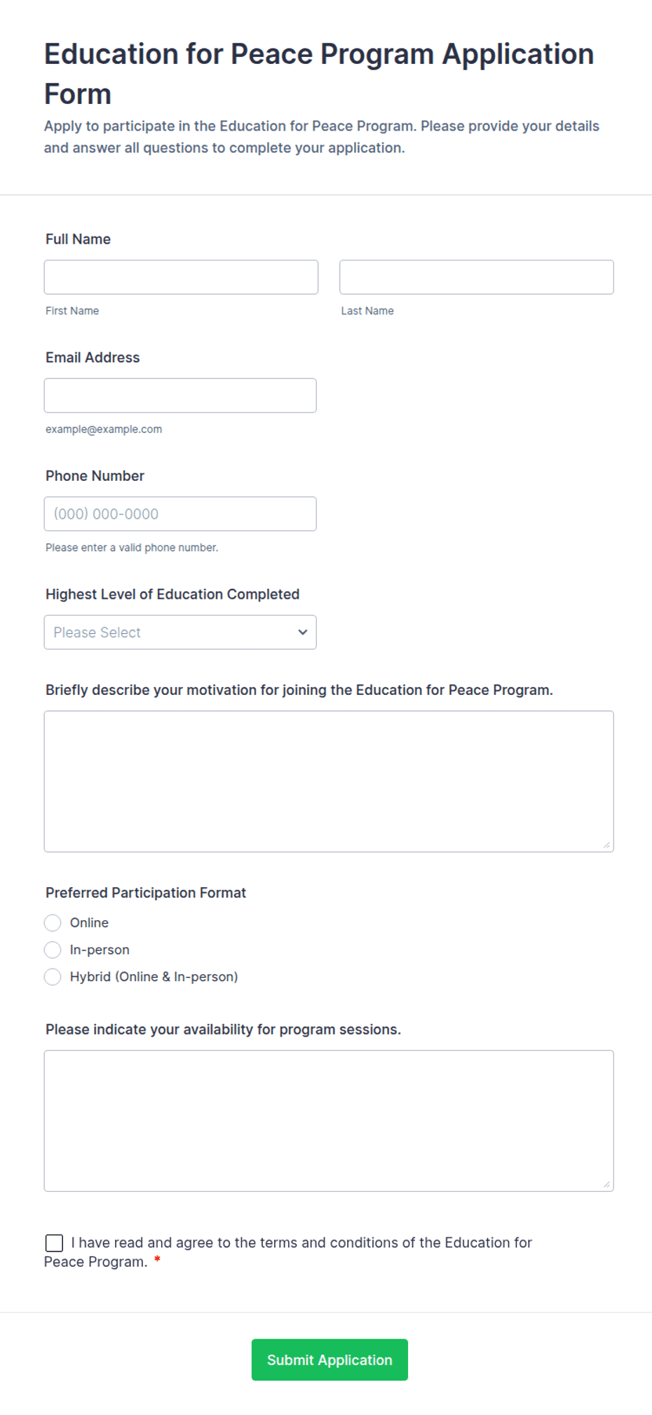 Peace Form Education for Peace Program Application Form Template | Jotform