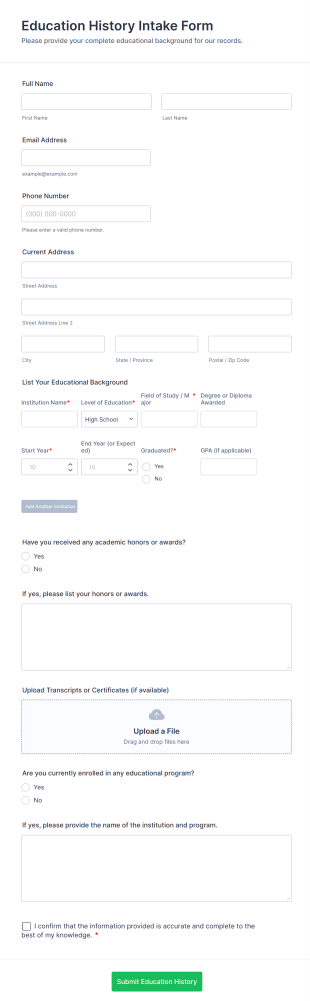Education History Intake Form Template