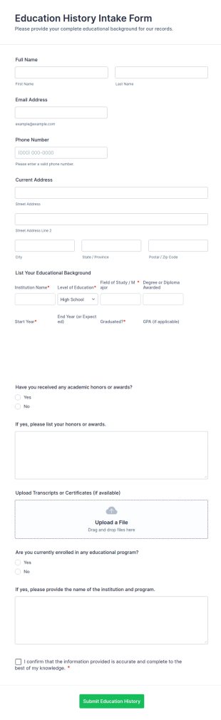 Education History Intake Form Template