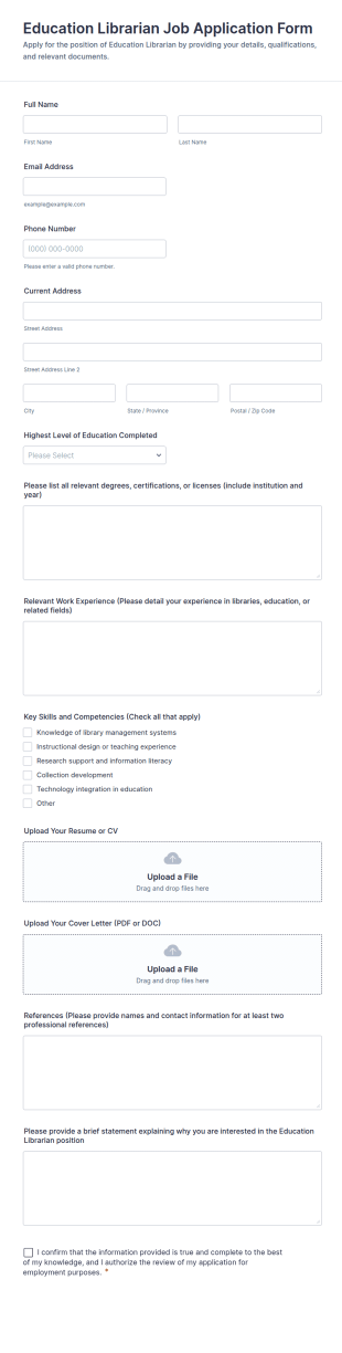 Education Librarian Job Application Form Template