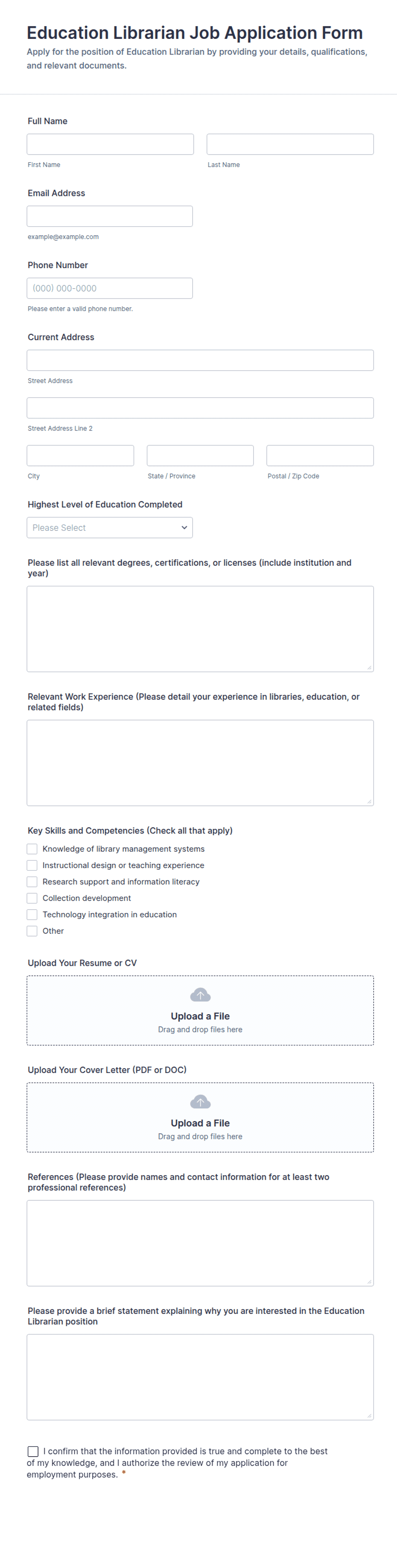 Library Monitor Application Form Education Librarian Job Application Form Template | Jotform