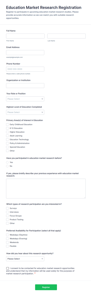 Education Market Research Registration Form Template