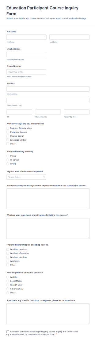 Education Participant Course Inquiry Form Template