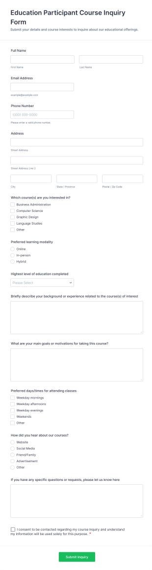 Education Participant Course Inquiry Form Template