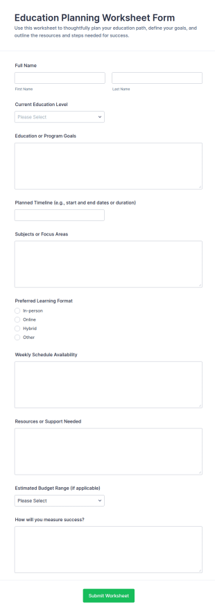 Education Planning Worksheet Form Template