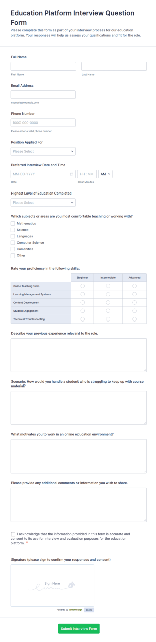 Education Platform Interview Question Form Template
