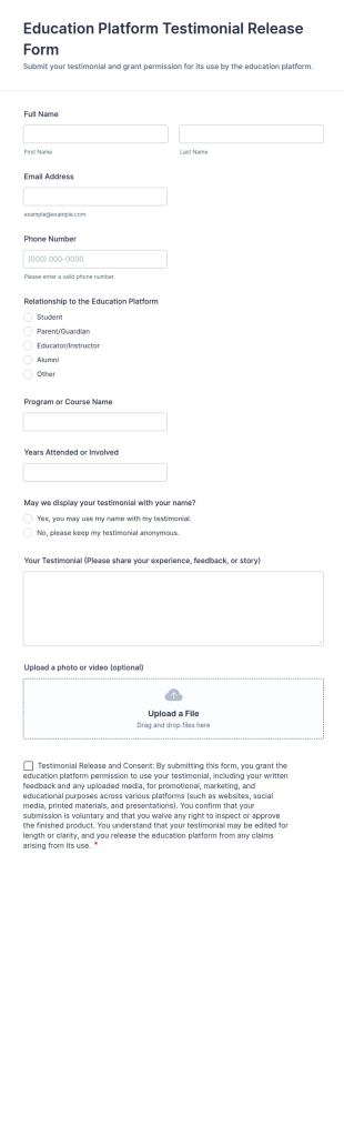Education Platform Testimonial Release Form Template