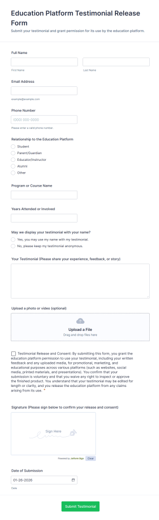 Education Platform Testimonial Release Form Template