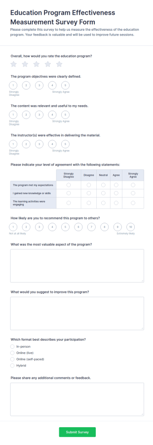 Education Program Effectiveness Measurement Survey Form Template
