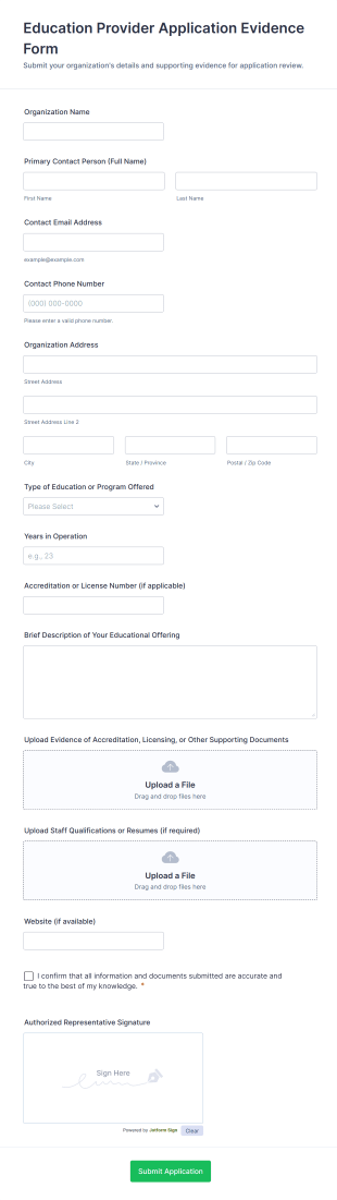 Education Provider Application Evidence Form Template