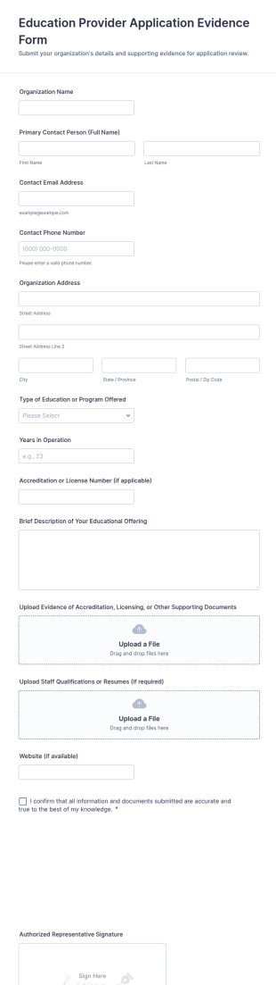 Education Provider Application Evidence Form Template