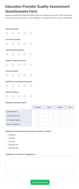 Education Provider Quality Assessment Questionnaire Form Template