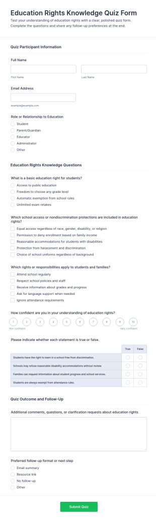 Education Rights Knowledge Quiz Form Template