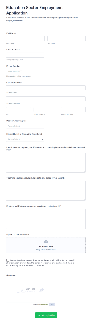 Education Sector Employment Application Form Template