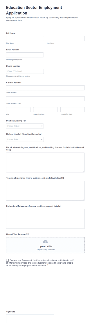 Education Sector Employment Application Form Template
