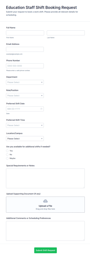 Education Staff Shift Booking Request Form Template