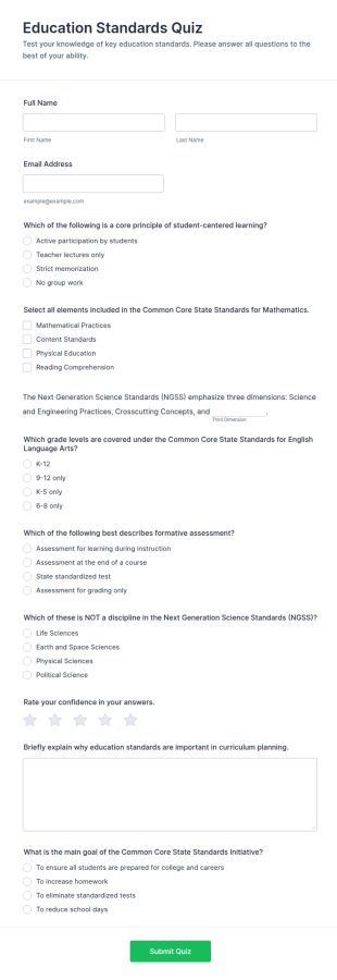 Education Standards Quiz Form Template