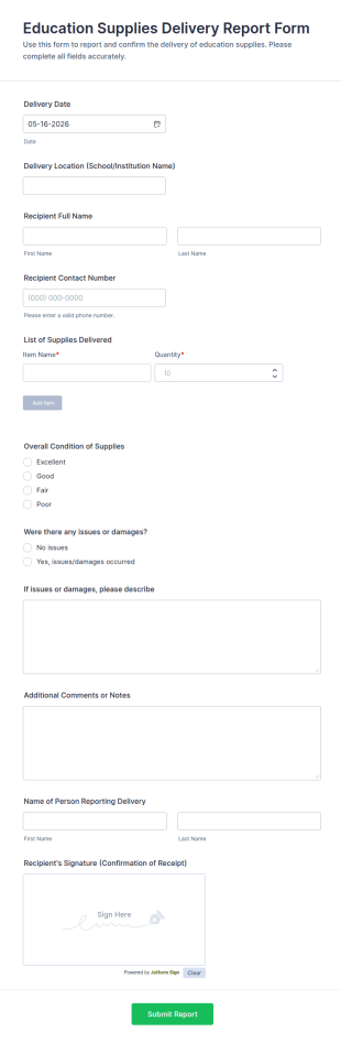 Education Supplies Delivery Report Form Template