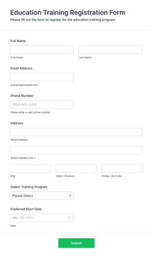 Education Training Registration Form Template
