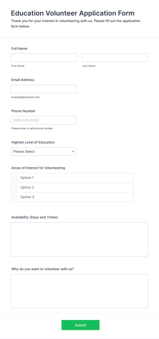 Education Volunteer Application Form Form Template