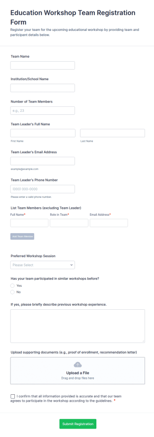 Education Workshop Team Registration Form Template