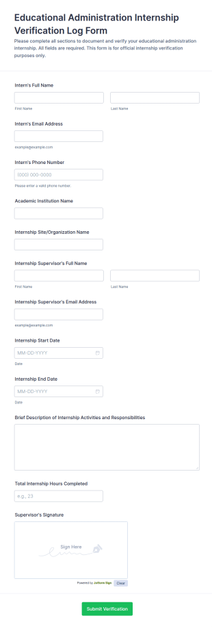 Educational Administration Internship Verification Log Form Template