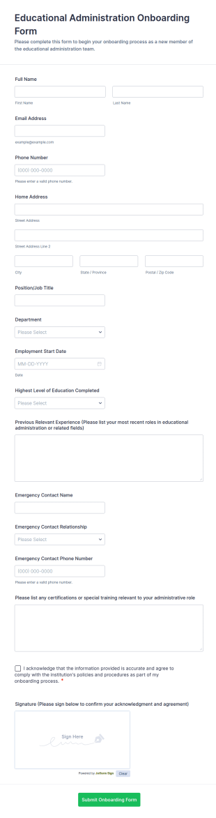 Educational Administration Onboarding Form Template