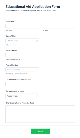 Educational Aid Application Form Form Template