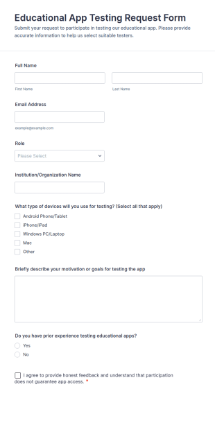 Educational App Testing Request Form Template