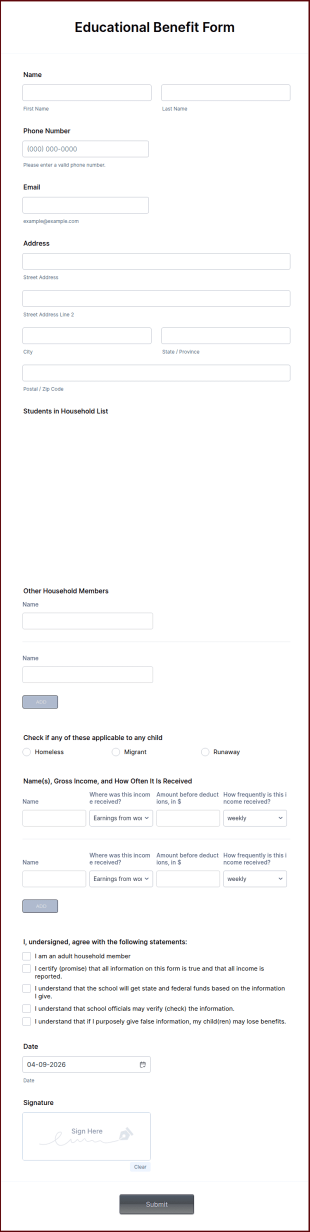 Educational Benefit Form Template