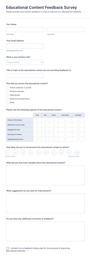 Educational Content Feedback Survey Form Template