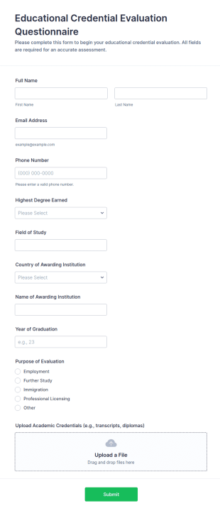 Educational Credential Evaluation Questionnaire Form Template