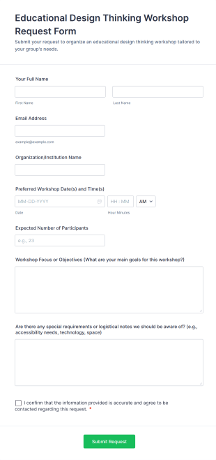 Educational Design Thinking Workshop Request Form Template