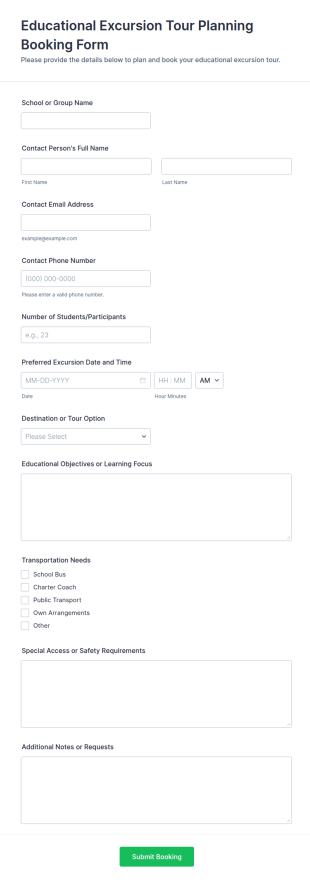 Educational Excursion Tour Planning Booking Form Template