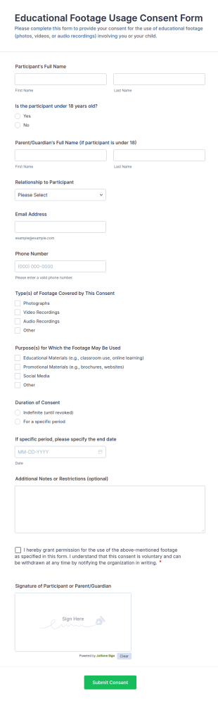 Educational Footage Usage Consent Form Template