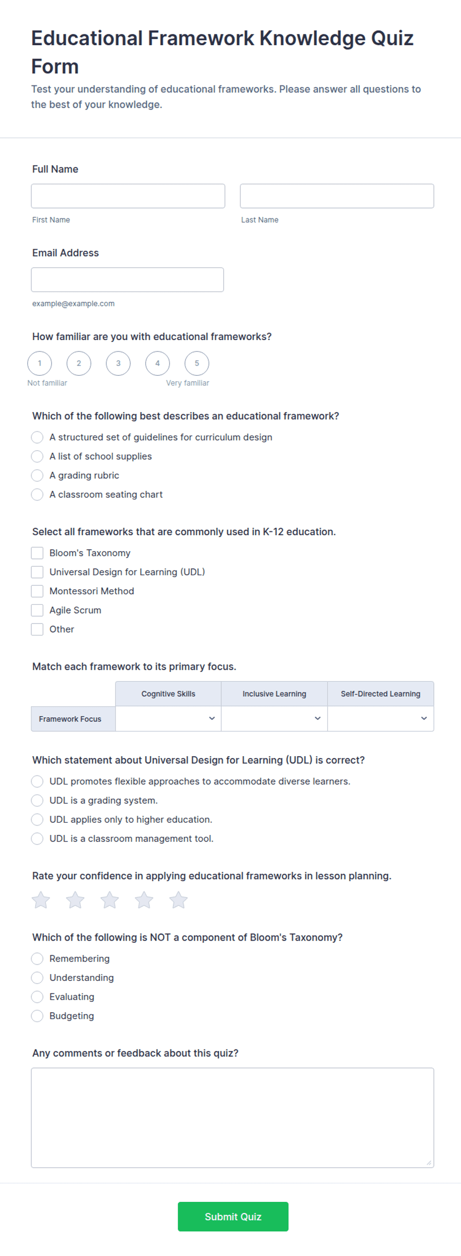 Educational Framework Knowledge Quiz Form Template | Jotform