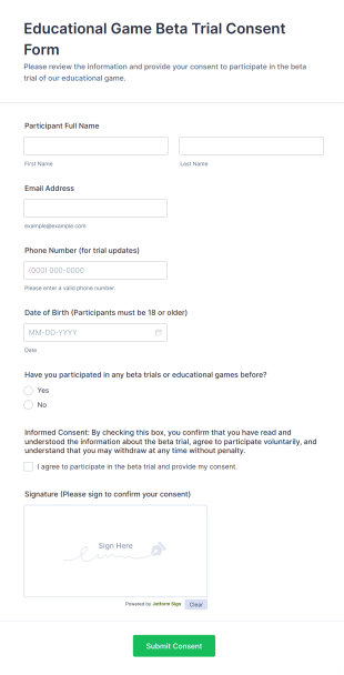 Educational Game Beta Trial Consent Form Template