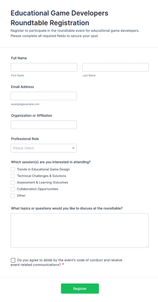 Educational Game Developers Roundtable Registration Form Template