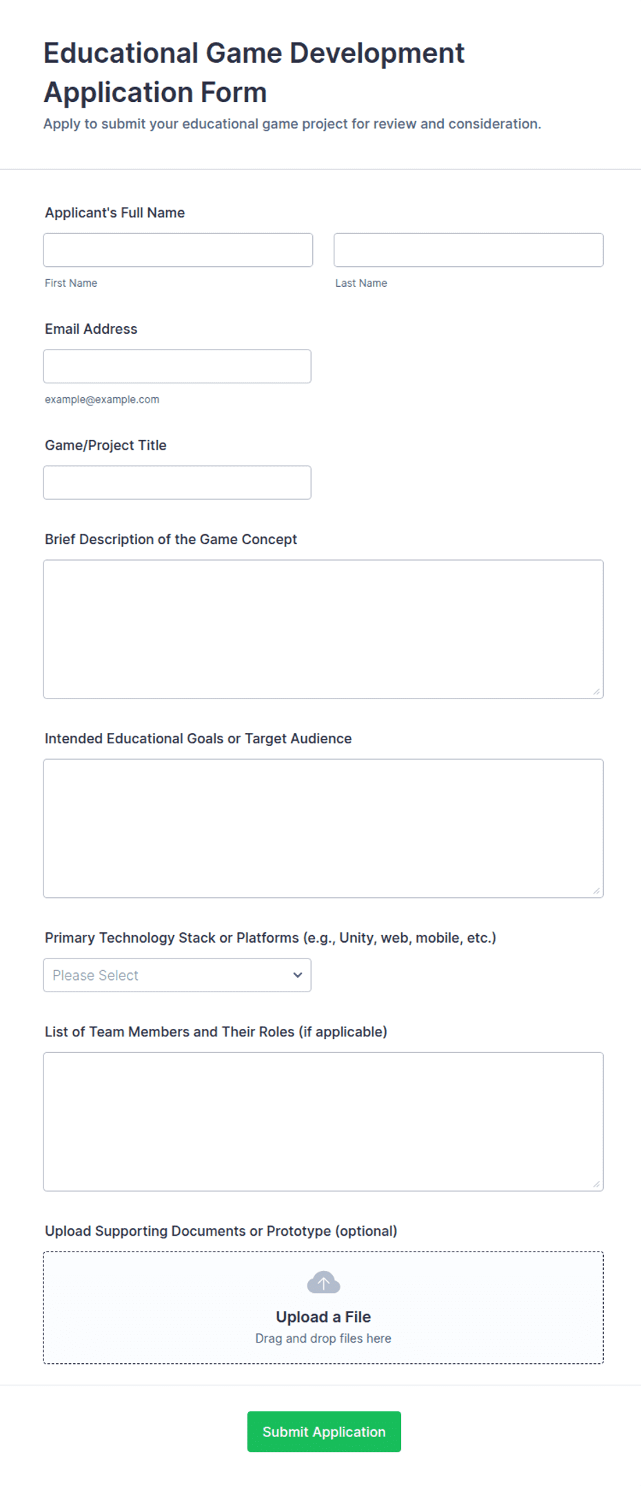 Educational Game Development Application Form Template | Jotform