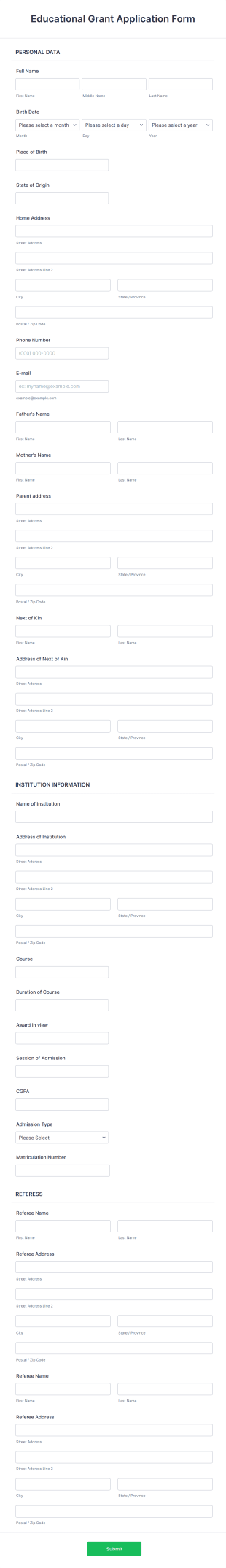 Educational Grant Application Form Template