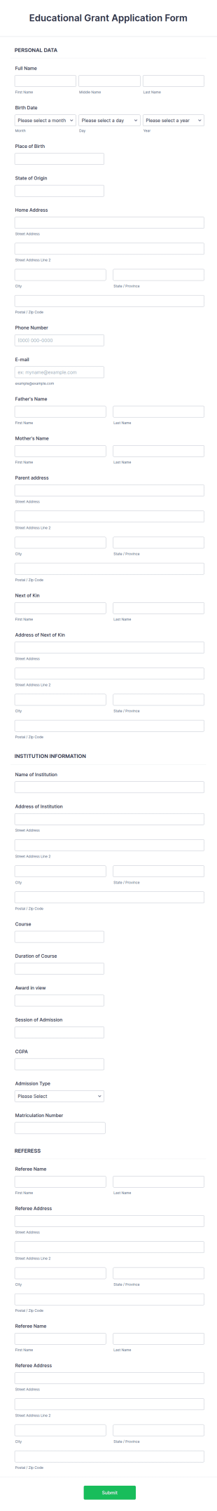 Educational Grant Application Form Template
