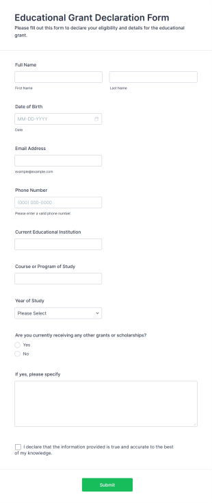 Educational Grant Declaration Form Form Template