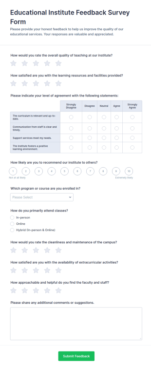 Educational Institute Feedback Survey Form Template